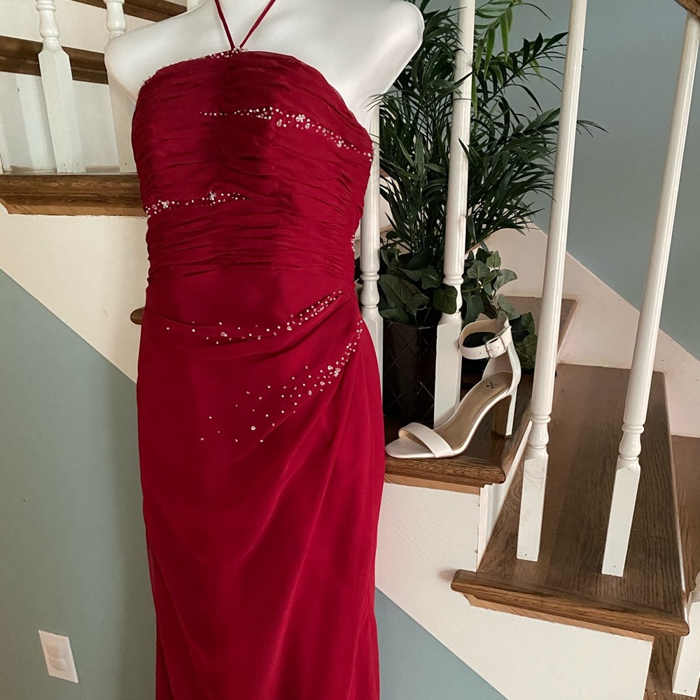 Magnificent Ball gown. Floor length. Size 10. Red with silver sequins.